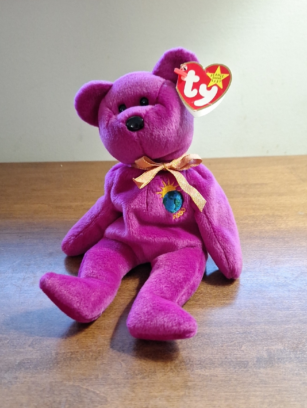 Millennium Ty Purple Plush Bear with Gold Ribbon and Heart Tag 1999